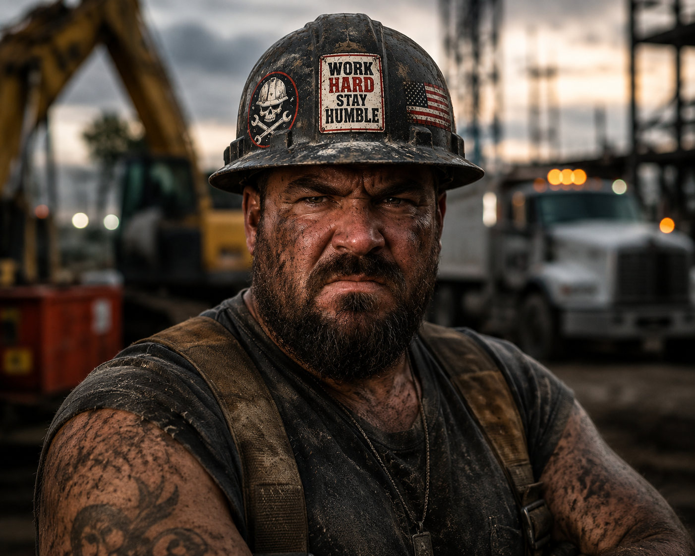 work hard stay humble construction guy looking dirty and mean