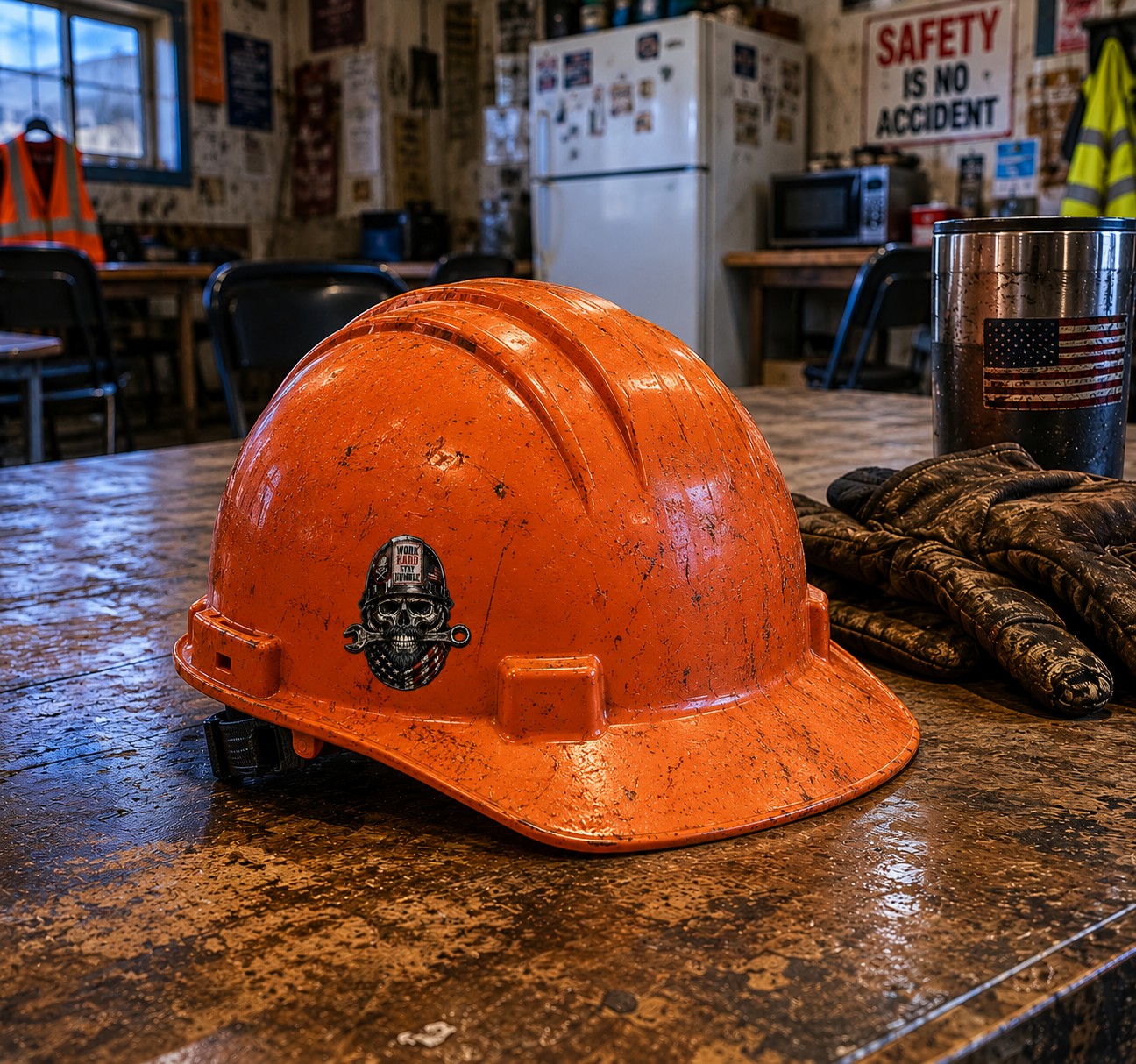 Orange hard hat on a workbench with a work hard stay humble sticker next to gloves and a cup in a workshop setting