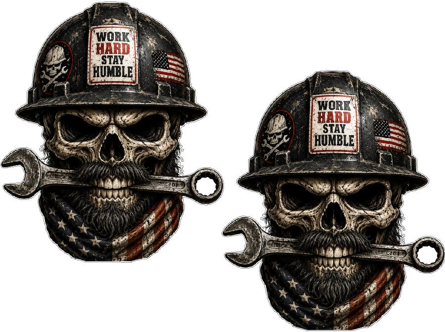 Two skull designs wearing hard hats with American flags and 'Work Hard Stay Humble' text, holding wrenches.