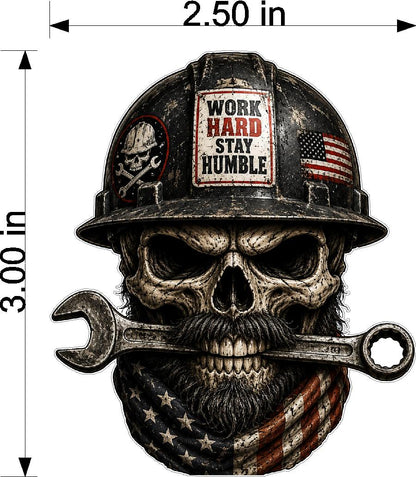 Skull wearing a hard hat with 'Work Hard Stay Humble' sign, American flag, and wrench, with dimensions indicated.