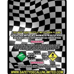 A checkered flag with safety decal on it.