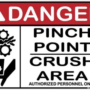 A danger sign with instructions for pinching, pointing and crushing.