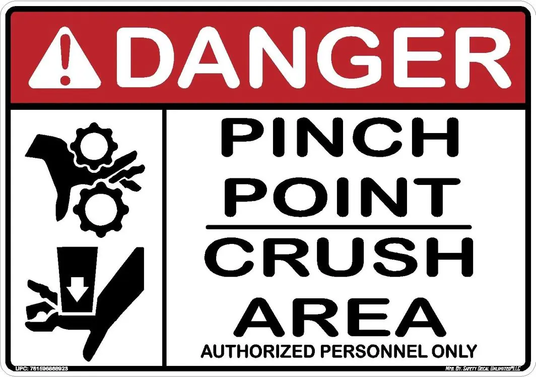 A danger sign with instructions for pinching, pointing and crushing.
