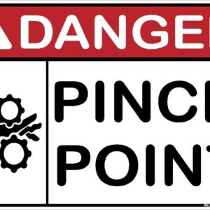 A danger sign with pincer point written underneath it.