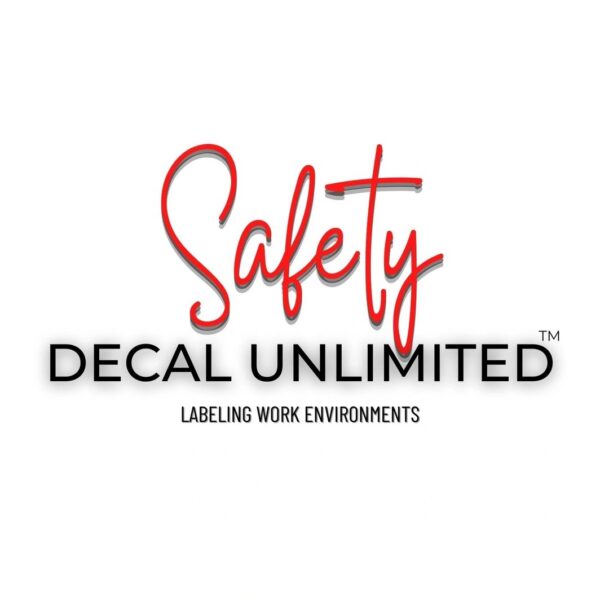 A red and white logo of safety decal unlimited