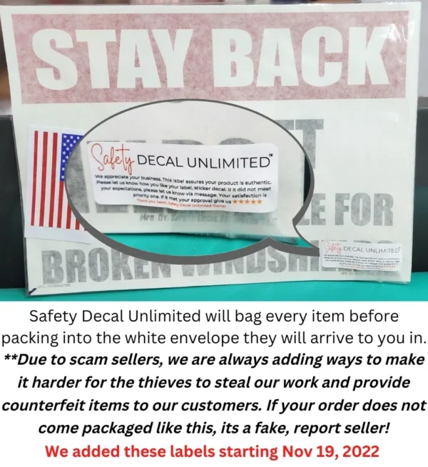 A safety decal is shown on the back of a package.