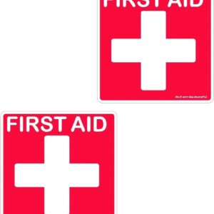 A pair of stickers that say first aid.
