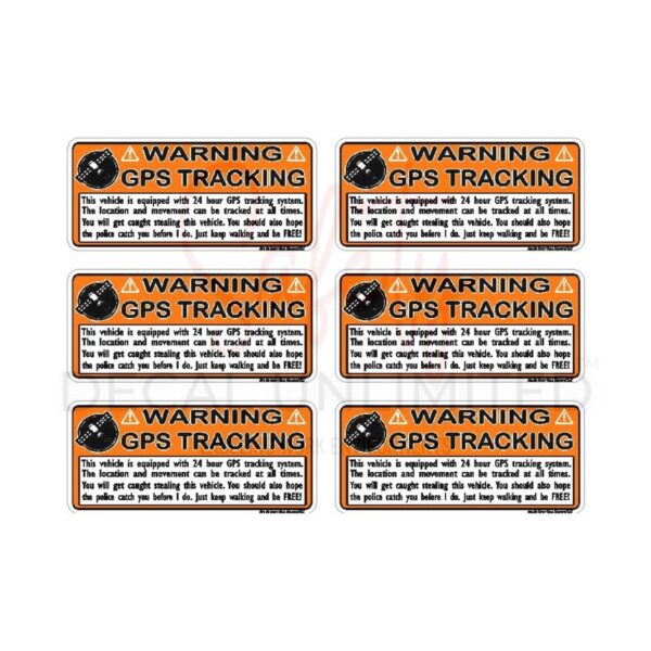 A set of six stickers that say " warning gps tracking ".