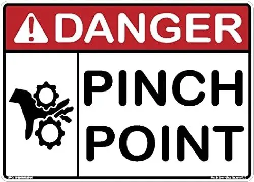 A danger sign that says pinchpoint and has an image of gears.