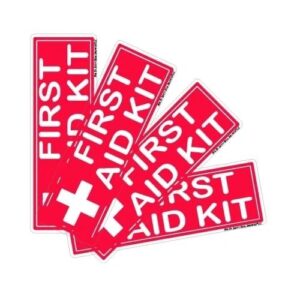 A group of red stickers that say first aid kit.