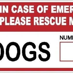 A red and white sign with the words " dogs " written on it.