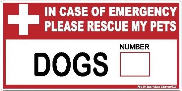 A red and white sign with the words " dogs " written on it.