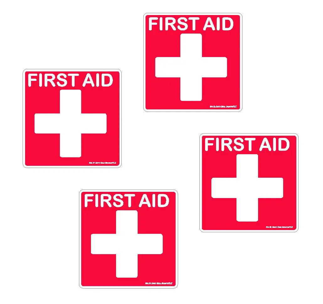 first aid stickers 4pk red and white 2x2"