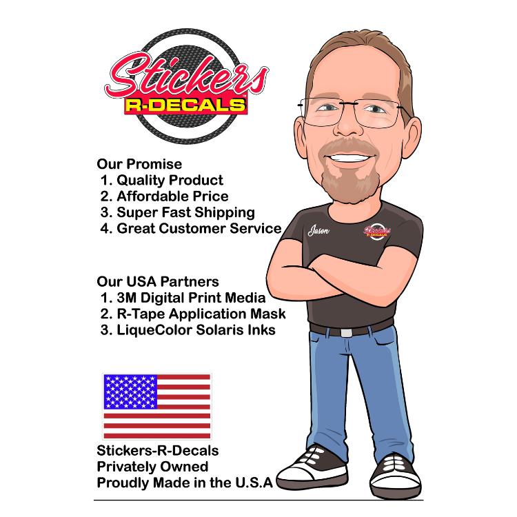stickers-r-decals logo with owner jason standing smiling about customer commitment, made in the usa products